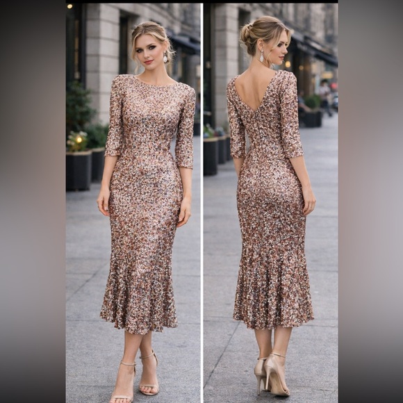 Adrianna Papell Dresses & Skirts - Adrianna papell 3/4 sleeves fully colorful sequins round neck midi dress